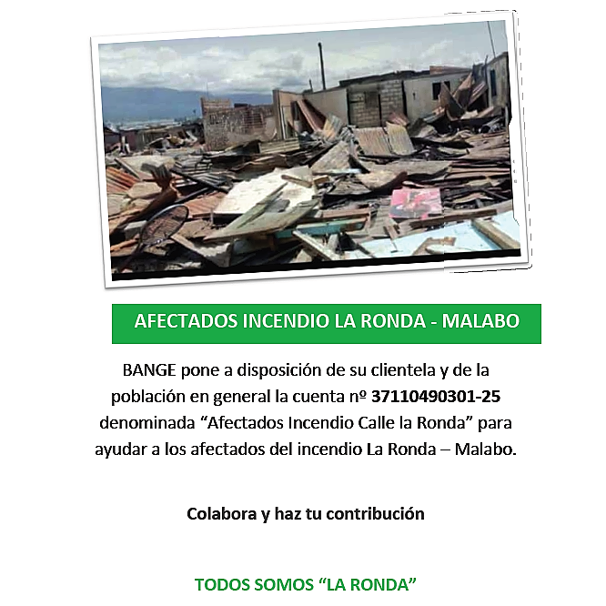 Nota de prensa del BANGE en apoyo a los afectados por el incendio de viviendas en Malabo