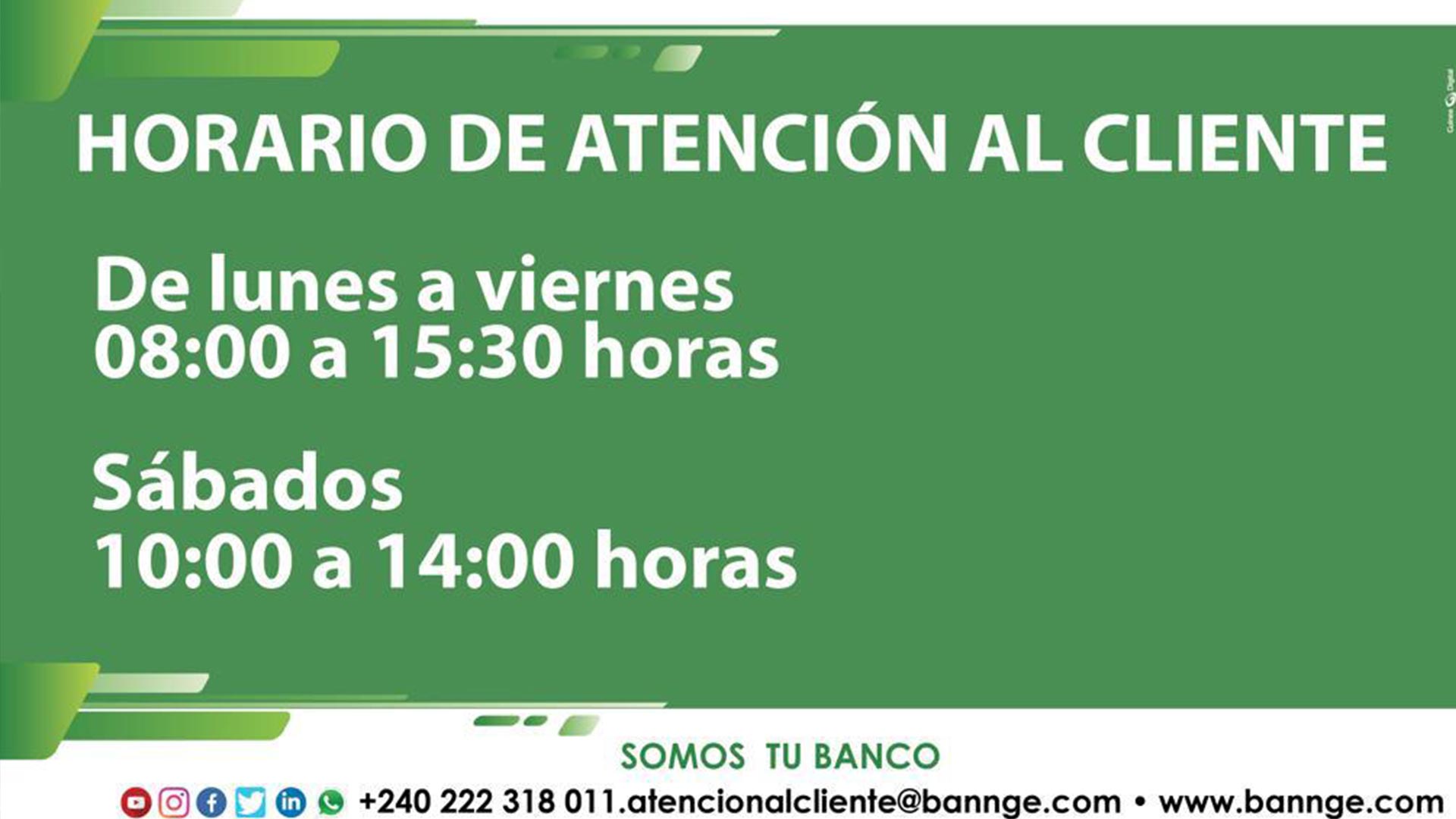 El Banco Nacional de Guinea Ecuatorial amplía su horario de atención al cliente