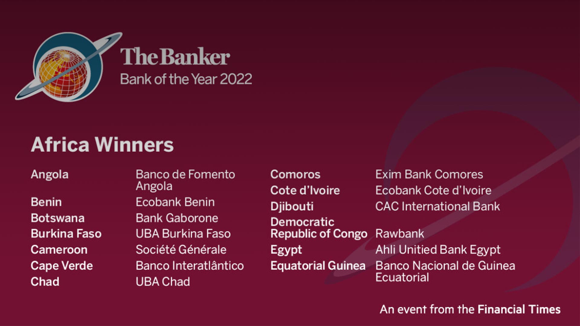 The Banker galardona a BANGE como mejor banco en Guinea Ecuatorial del año 2022