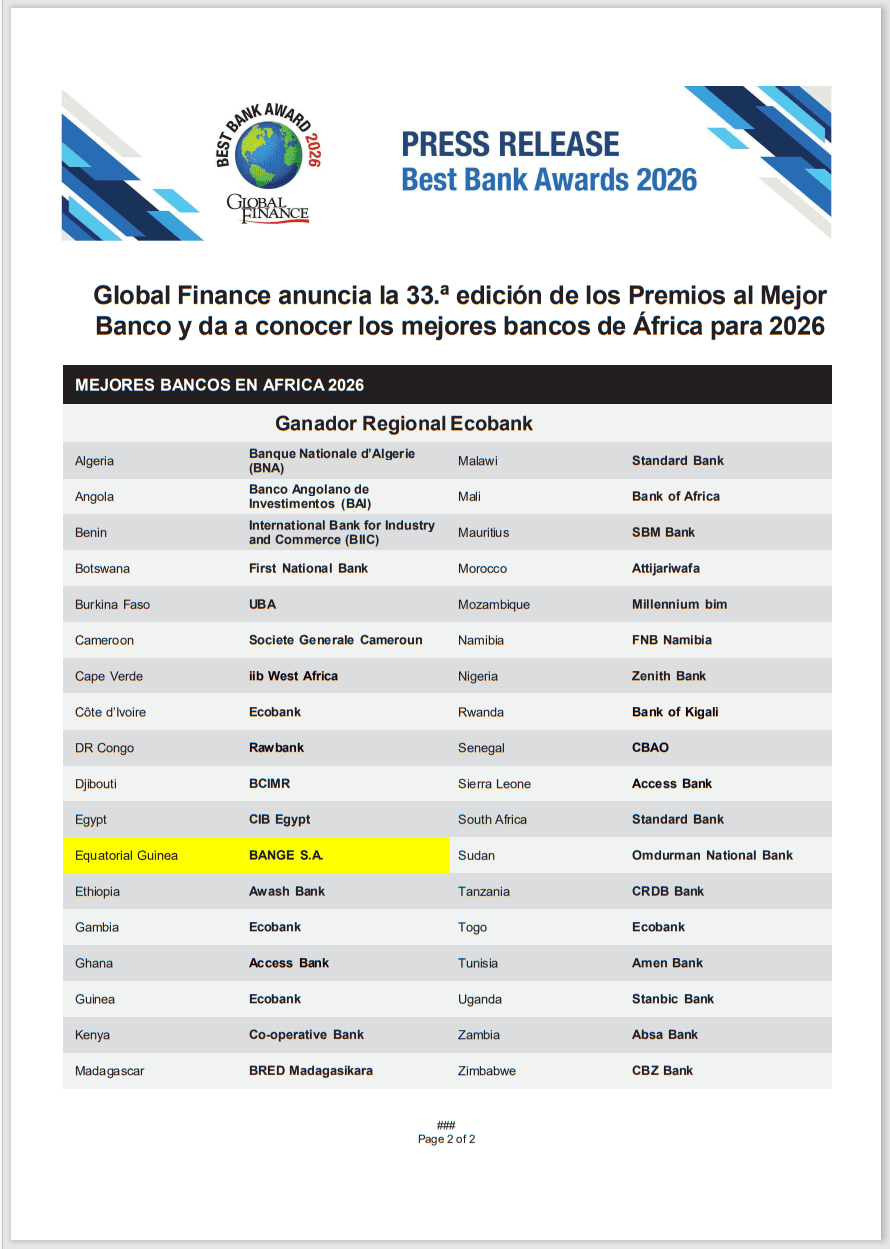 BANGE es premiado como Mejor Banco de Guinea Ecuatorial del 2026 por la prestigiosa revista Global Finance, en su 33ª edición
